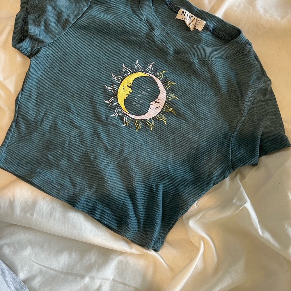 Teal Crop Top with Sun and Moon Design